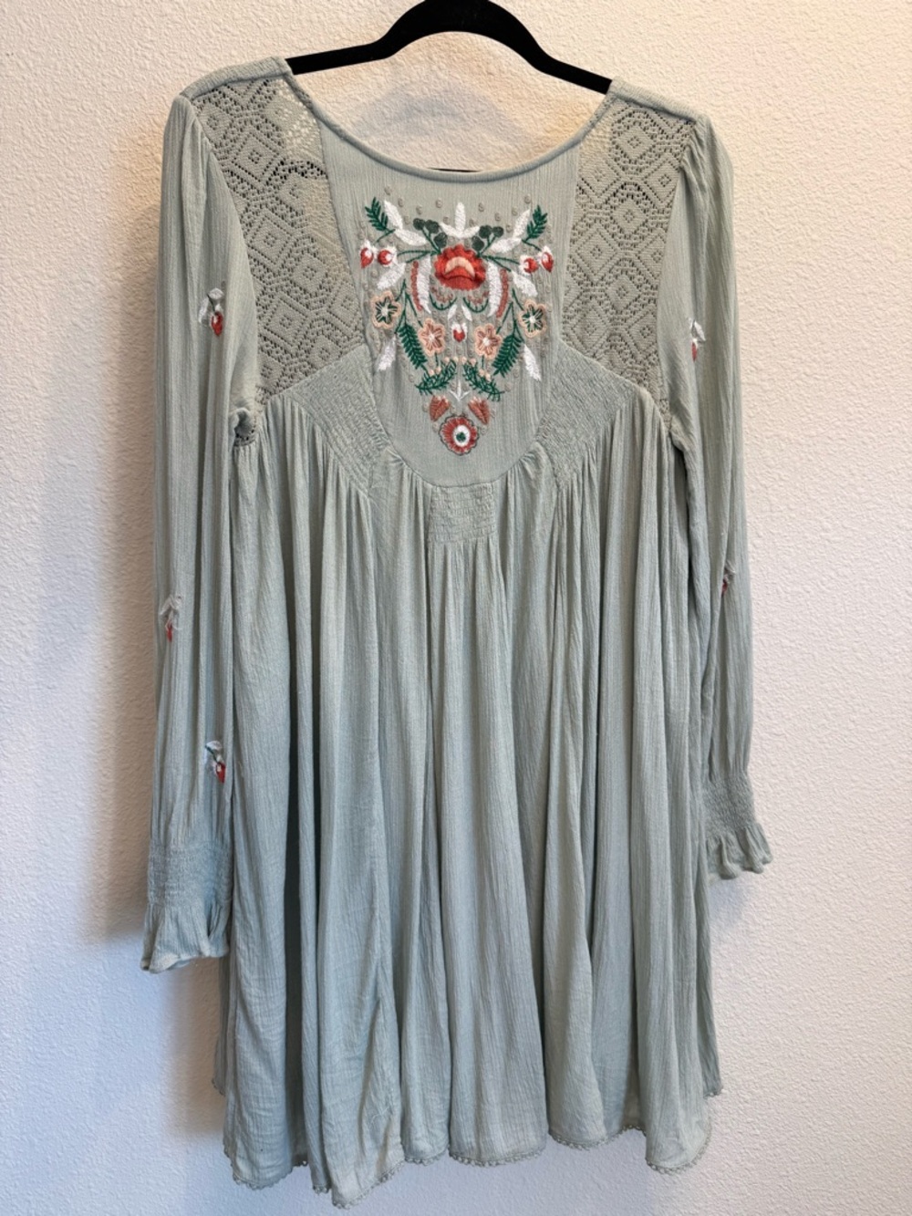 Free People Boho Embroidered Dress | Size Small | Sage Green